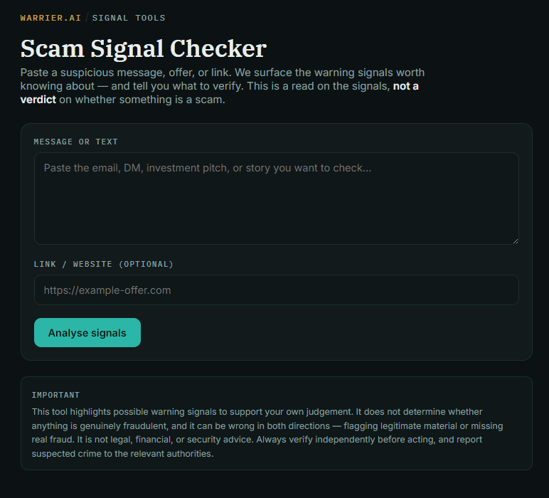Scam Signal Checker by warrier.ai for members only Scam Signal Checker by warrier.ai for members only